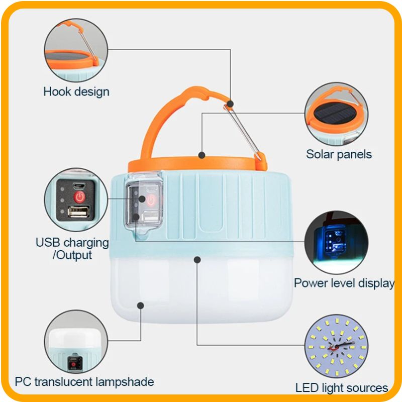 Lanterne de camping solaire LED étanche – Lampe de tente rechargeable par USB avec chargeur de téléphone | Lampe de secours portable pour l'extérieur et la maison