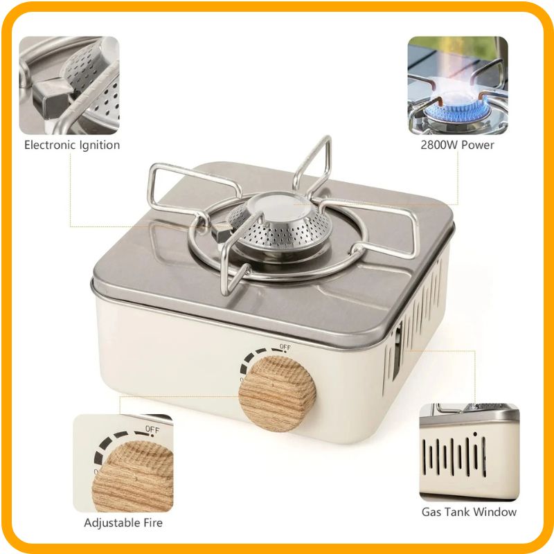Portable Gas Camping Stove – 2800W High-Heat Burner for Outdoor Cooking features electronic ignition and adjustable flame.