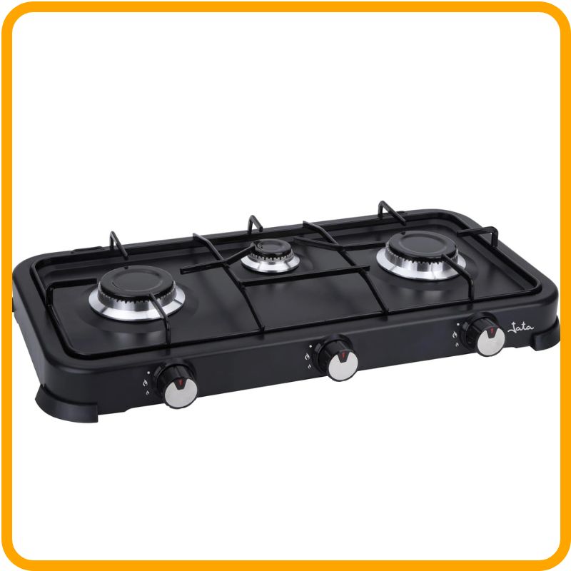 Portable Gas Cooker – 3-Burner with Grill ideal for outdoor cooking, camping, and home backup with efficient burners.