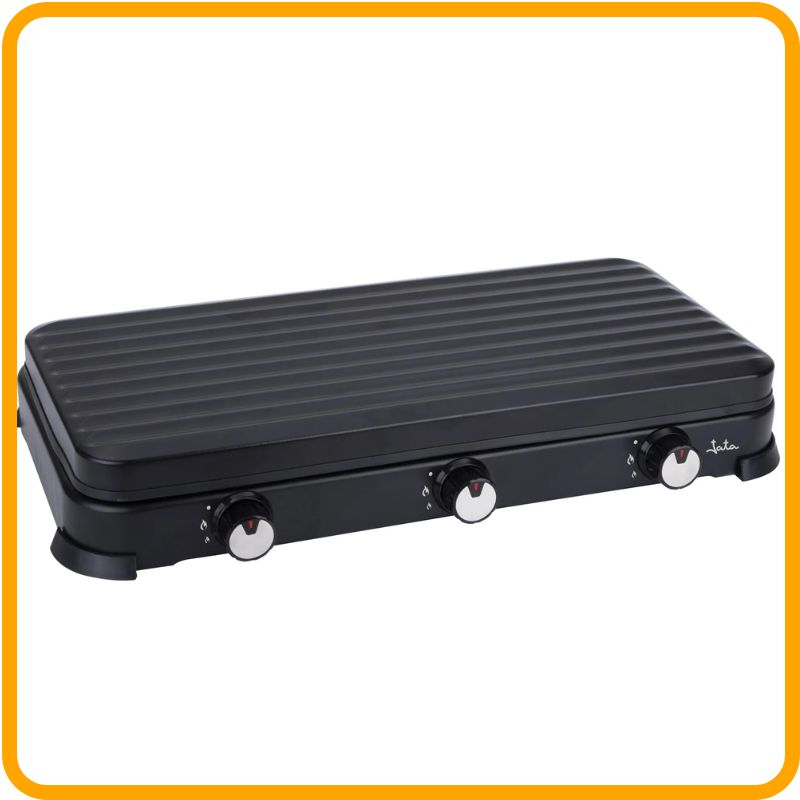Portable Gas Cooker – 3-Burner with Grill featuring a protective lid, ideal for outdoor cooking and emergencies.