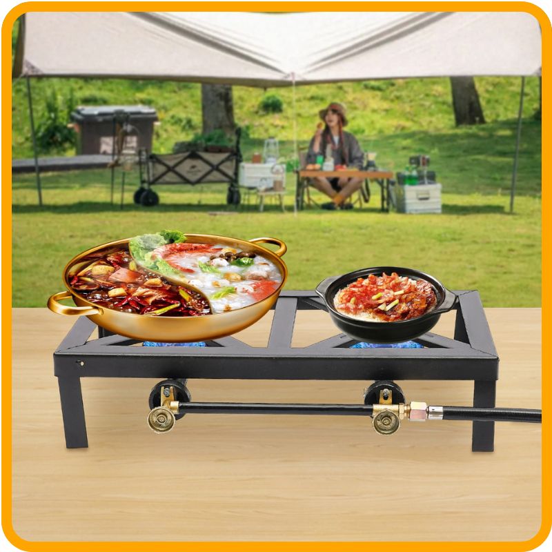 Double Burner Outdoor Gas Stove – Portable High-Heat Cooker with Regulator for efficient outdoor cooking and precise control.