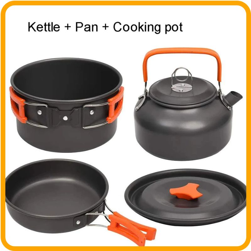 Lightweight Camping Cookware Set featuring a kettle, pan, and pot for efficient outdoor cooking adventures.