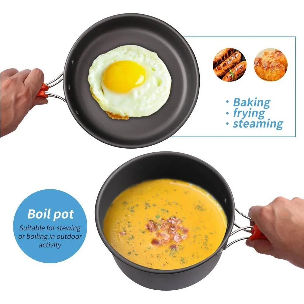 Lightweight Camping Cookware Set for outdoor cooking; perfect for boiling, frying, and brewing on the go.