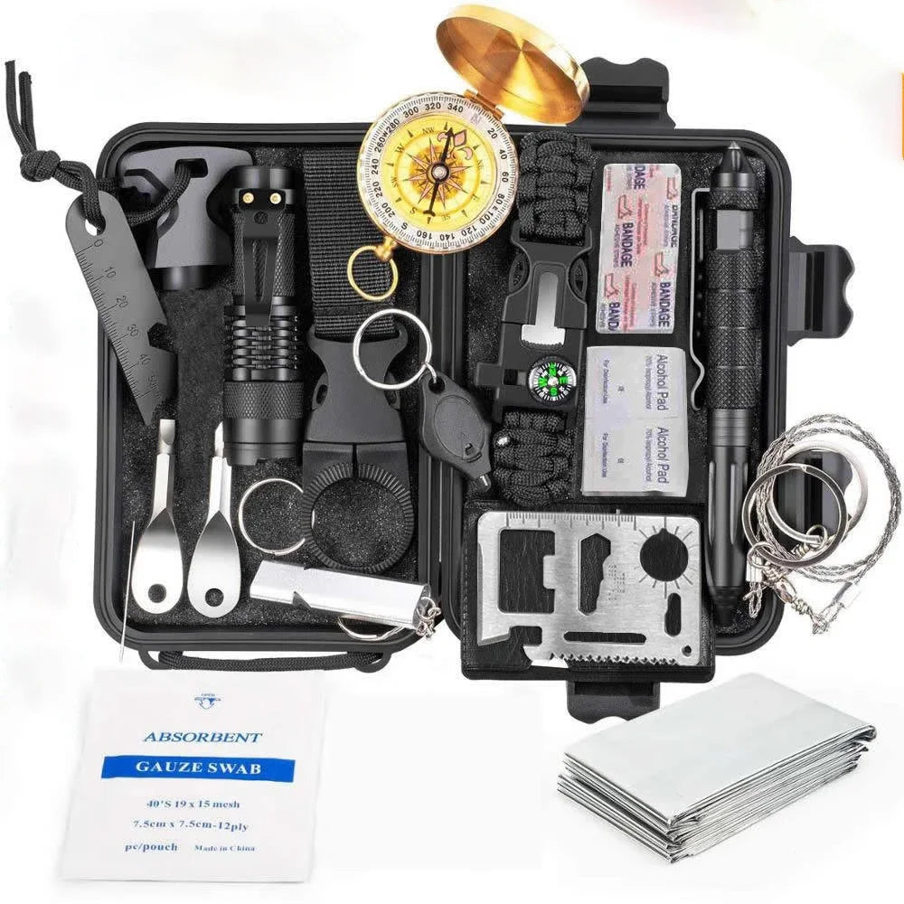 Kit de survivance militaire pour les voyages en plein air, mini outils de camping, kit d'aide, bracelet de survivance d'urgence, silbato, manta, cuchillo