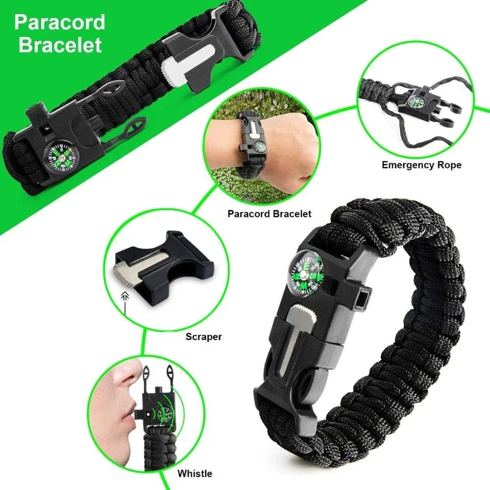 Kit de survivance militaire pour les voyages en plein air, mini outils de camping, kit d'aide, bracelet de survivance d'urgence, silbato, manta, cuchillo
