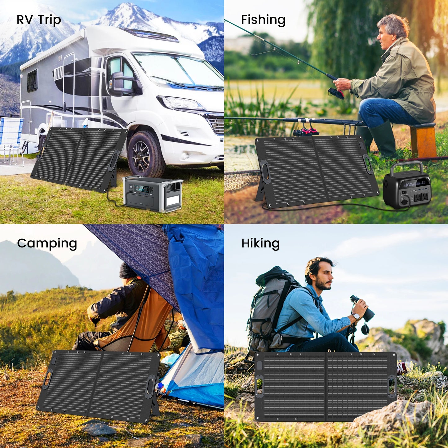 100W Foldable Solar Panel – High Efficiency ETFE Panel | 20.5V, 4.88A Max Output, perfect for camping and RV trips.