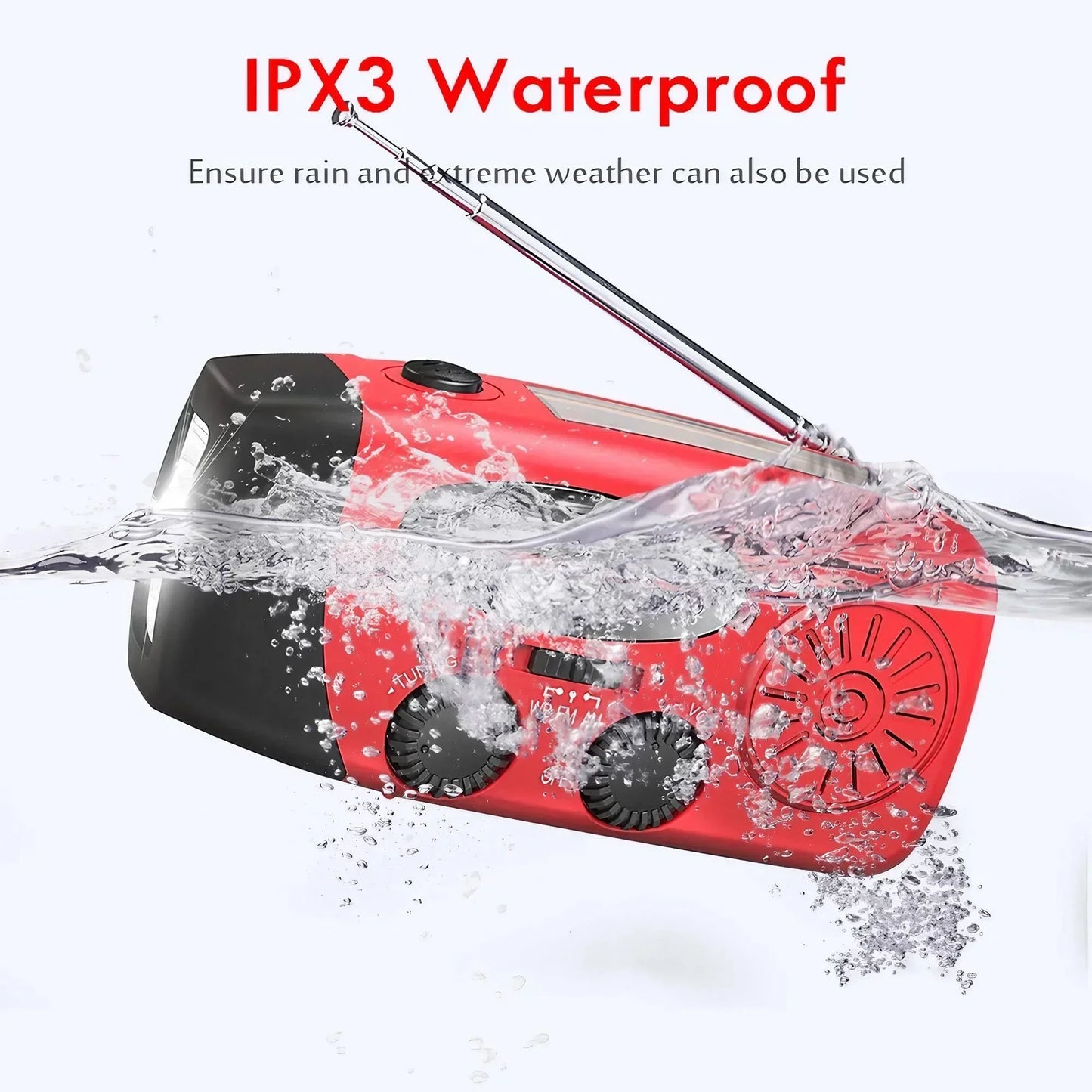 STONEGO Solar Hand-Crank Emergency Radio floats in water, showcasing its waterproof design for tough weather conditions.