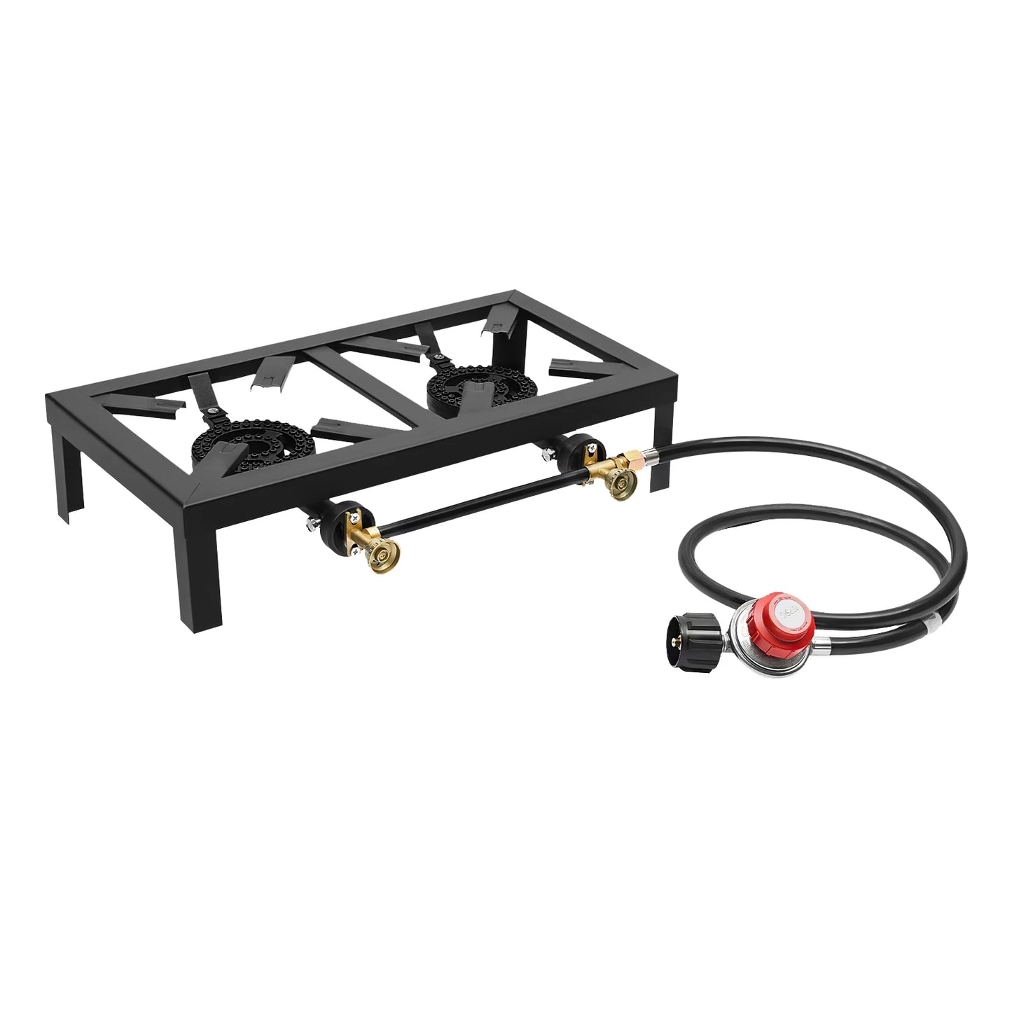 Double Burner Outdoor Gas Stove – Portable High-Heat Cooker with Regulator for efficient outdoor cooking adventures.