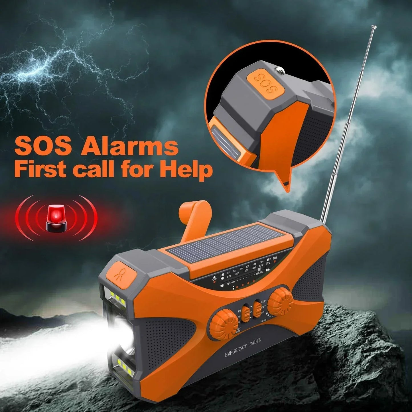 Emergency Crank & Solar Radio, Flashlight, Phone Charger & SOS Alarm