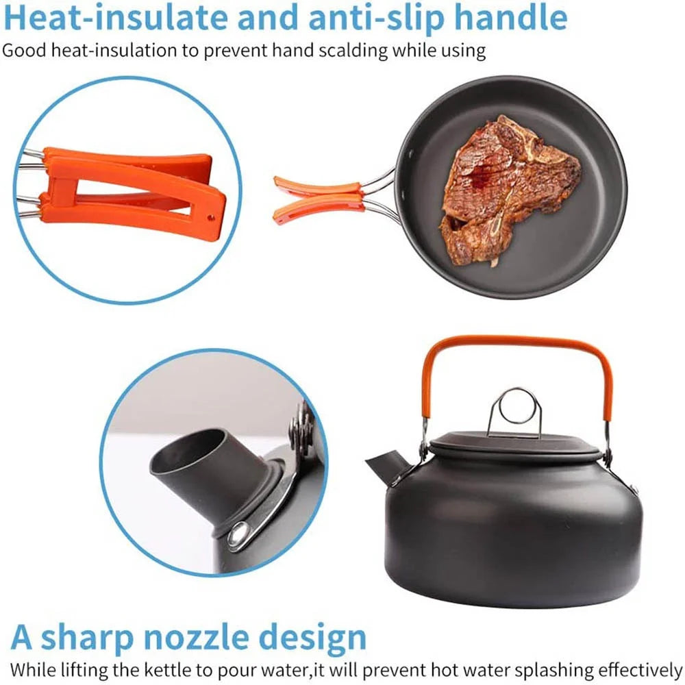 Lightweight Camping Cookware Set features non-stick gear and heat-insulated handles for outdoor cooking adventures.