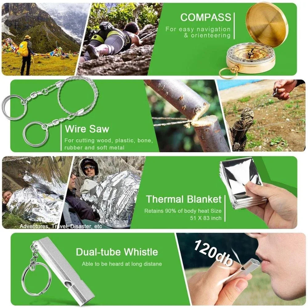 Kit de survivance militaire pour les voyages en plein air, mini outils de camping, kit d'aide, bracelet de survivance d'urgence, silbato, manta, cuchillo