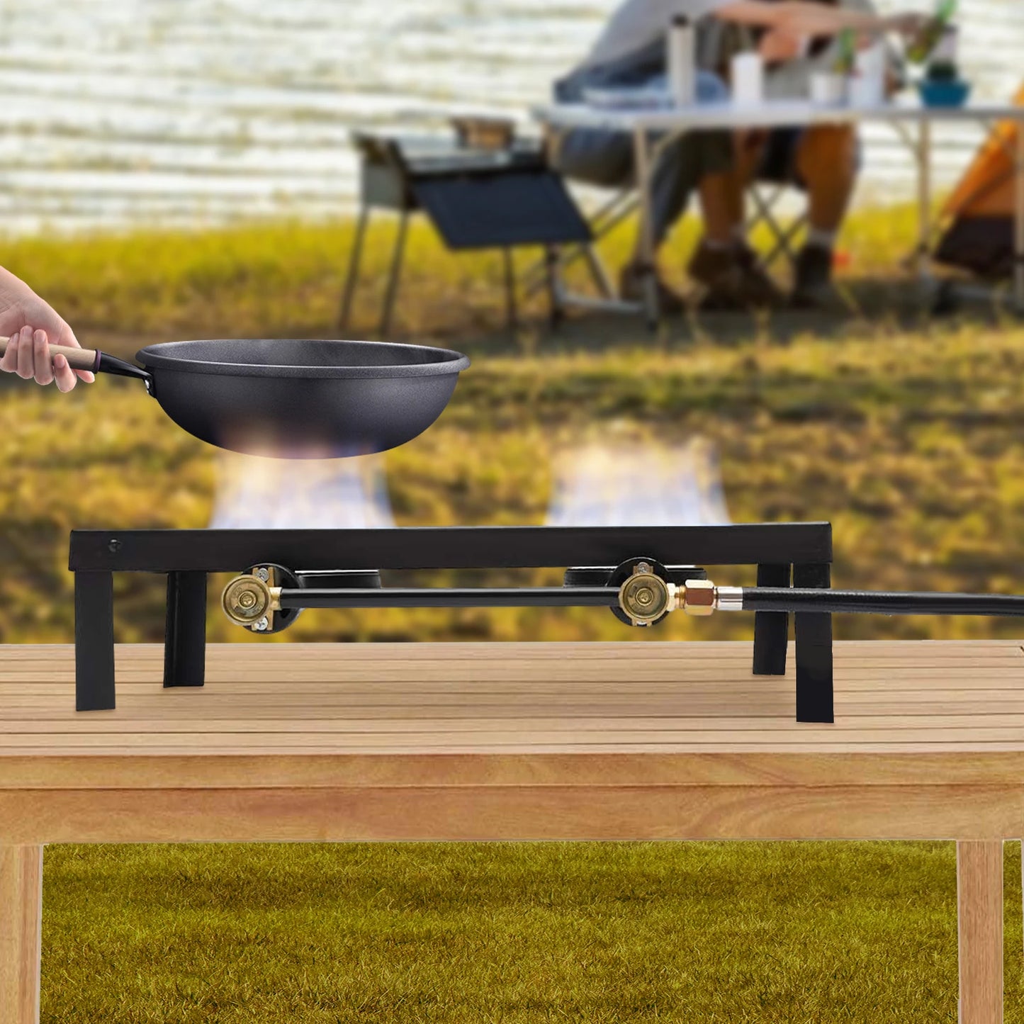 Double Burner Outdoor Gas Stove – Portable High-Heat Cooker with Regulator, perfect for camping and outdoor cooking.