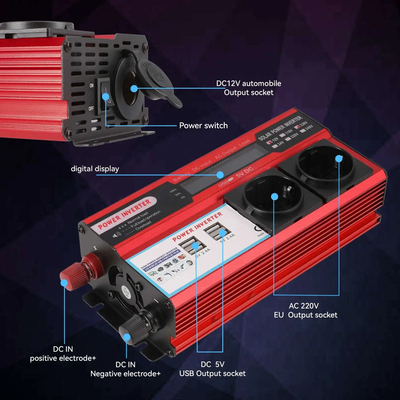 High-performance 4000W Power Inverter – 12V DC to 220V–230V AC Converter with 4 USB ports, ideal for camping.