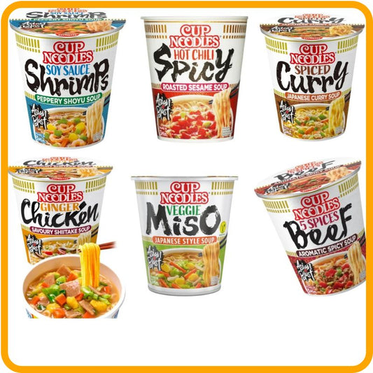 Nouilles ramen instantanées Nissin – Assortiment de plats d'urgence | 7 saveurs asiatiques | 63 à 67 g chacune | Idéal pour la conservation 