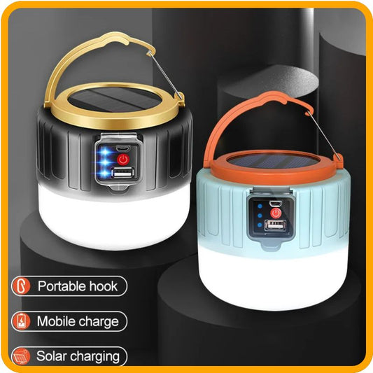 Lanterne de camping solaire LED étanche – Lampe de tente rechargeable par USB avec chargeur de téléphone | Lampe de secours portable pour l'extérieur et la maison