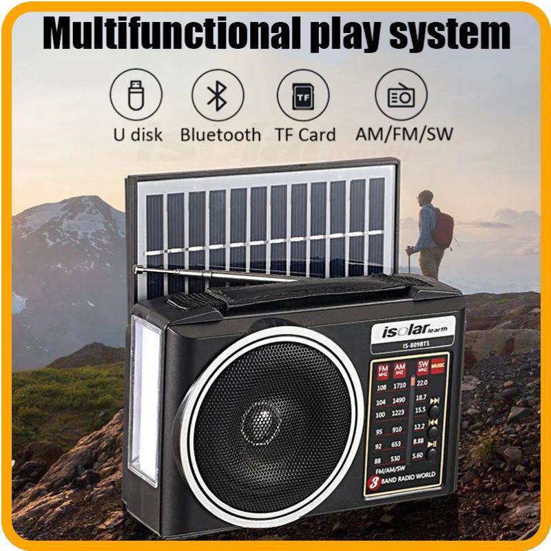 Multi-Band Emergency Radio with Solar Charging or Battery features Bluetooth, flashlight, and multiple band support for emergencies.