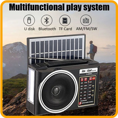 Multi-Band Emergency Radio with Solar Charging or Battery features Bluetooth, flashlight, and multiple band support for emergencies.