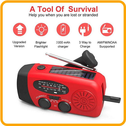 STONEGO Solar Hand-Crank Emergency Radio features a bright flashlight and multiple charging options for survival needs.