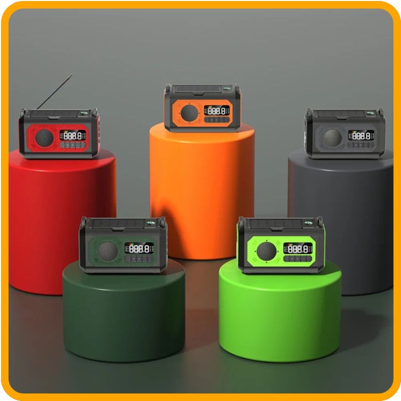 Colorful 12000mAh Emergency Weather Radio with Dual Solar Panels – Power, Light options displayed on vibrant pedestals.