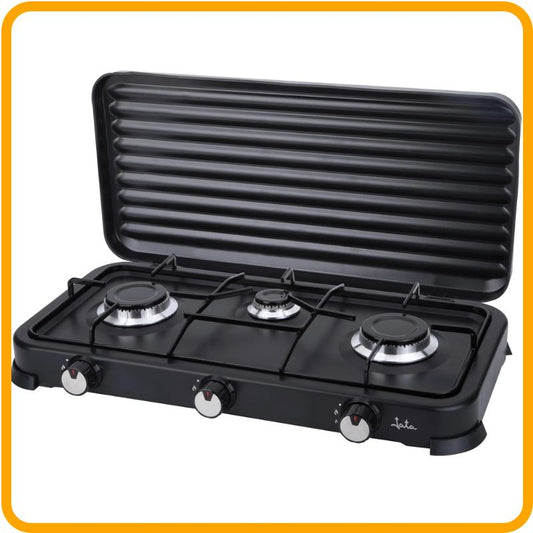 Portable Gas Cooker – 3-Burner with Grill, perfect for outdoor cooking and emergencies, featuring a protective lid.