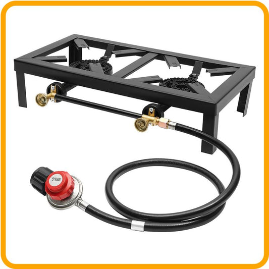 Double Burner Outdoor Gas Stove – Portable High-Heat Cooker with Regulator, ideal for efficient outdoor cooking.