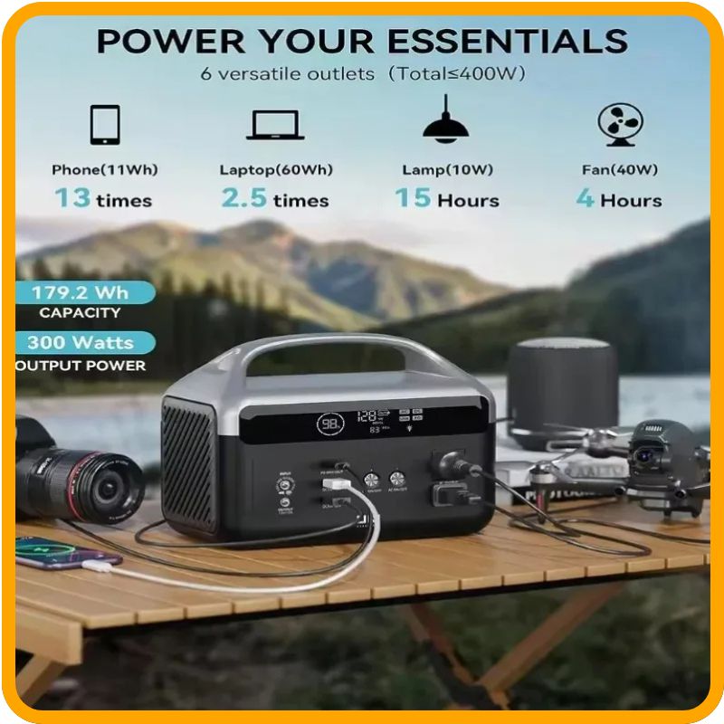300W Solar Generator – Compact 179Wh LiFePO4 Portable Power Station with Pure Sine Wave Inverter for reliable off-grid power.