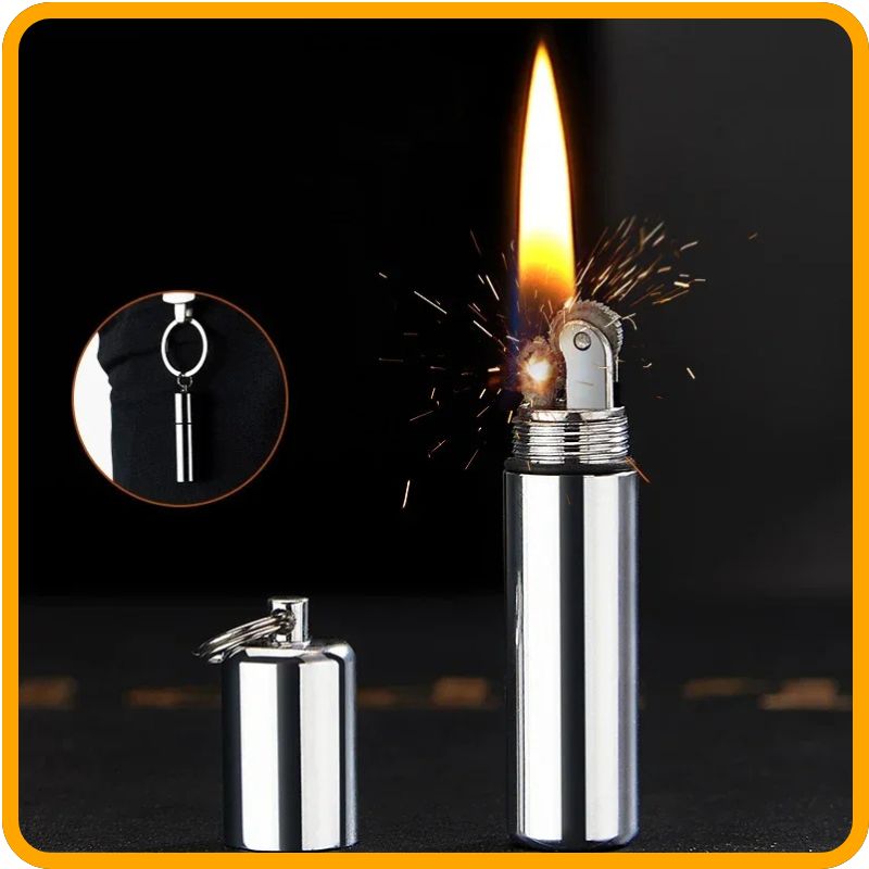 Mini briquet à kérosène coupe-vent en métal porte-clés – Allume-feu de survie rechargeable 