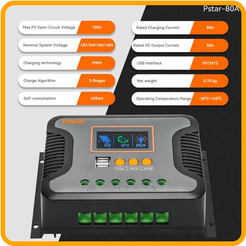 Contrôleur de charge solaire PowMr 30 A/60 A/80 A – PWM, 12 V–48 V automatique, écran LCD, sortie USB | Charge silencieuse et intelligente pour batteries lithium, gel et plomb-acide 