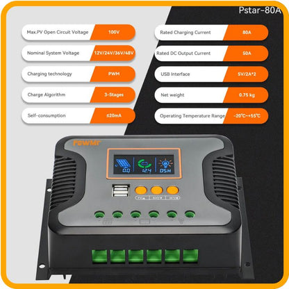 Contrôleur de charge solaire PowMr 30 A/60 A/80 A – PWM, 12 V–48 V automatique, écran LCD, sortie USB | Charge silencieuse et intelligente pour batteries lithium, gel et plomb-acide 