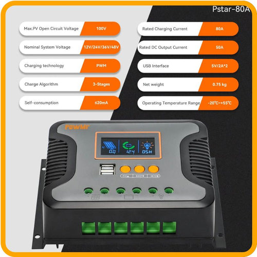 Contrôleur de charge solaire PowMr 30 A/60 A/80 A – PWM, 12 V–48 V automatique, écran LCD, sortie USB | Charge silencieuse et intelligente pour batteries lithium, gel et plomb-acide 