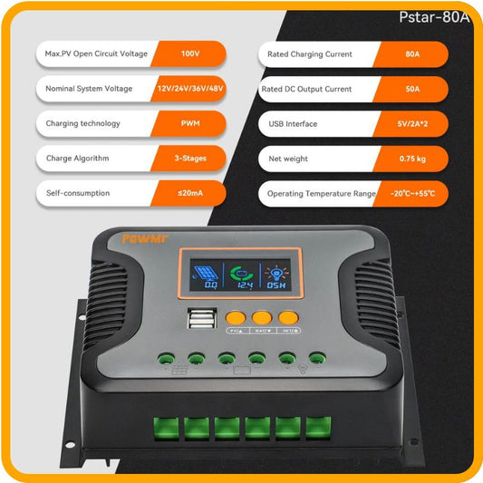 Contrôleur de charge solaire PowMr 30 A/60 A/80 A – PWM, 12 V–48 V automatique, écran LCD, sortie USB | Charge silencieuse et intelligente pour batteries lithium, gel et plomb-acide 