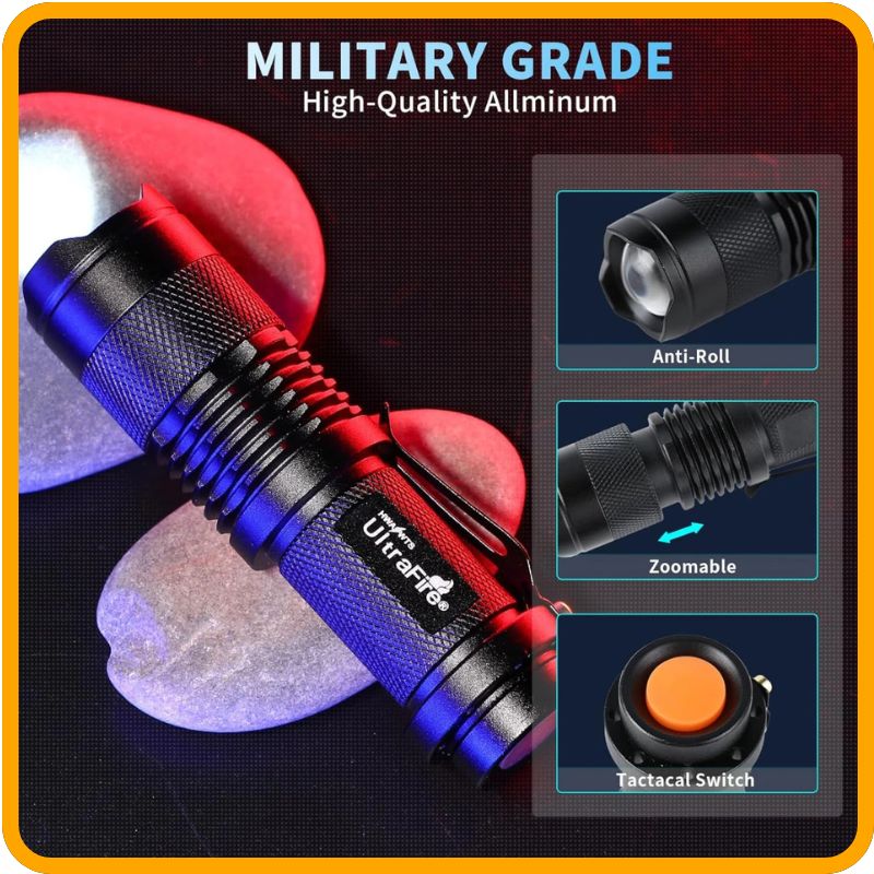 Lampe torche UltraFire – Lampe torche compacte et zoomable | Mini lampe 3 modes avec batterie intégrée