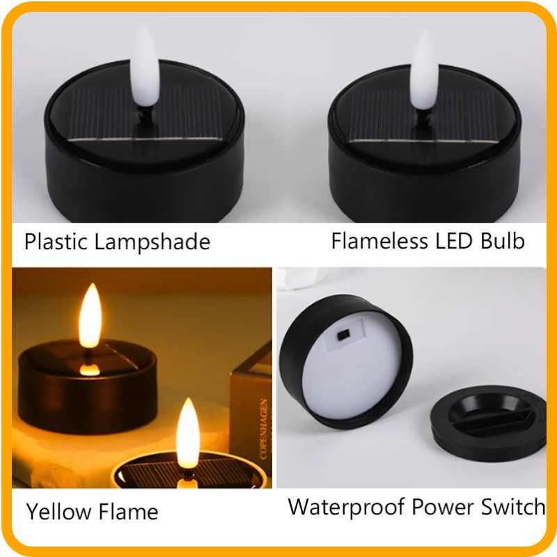Bougie chauffe-plat solaire LED sans flamme – Lumière jaune scintillante de 6 cm | Ambiance extérieure, camping, utilisation d'urgence