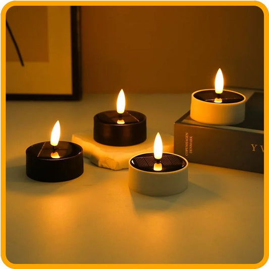 Bougie chauffe-plat solaire LED sans flamme – Lumière jaune scintillante de 6 cm | Ambiance extérieure, camping, utilisation d'urgence