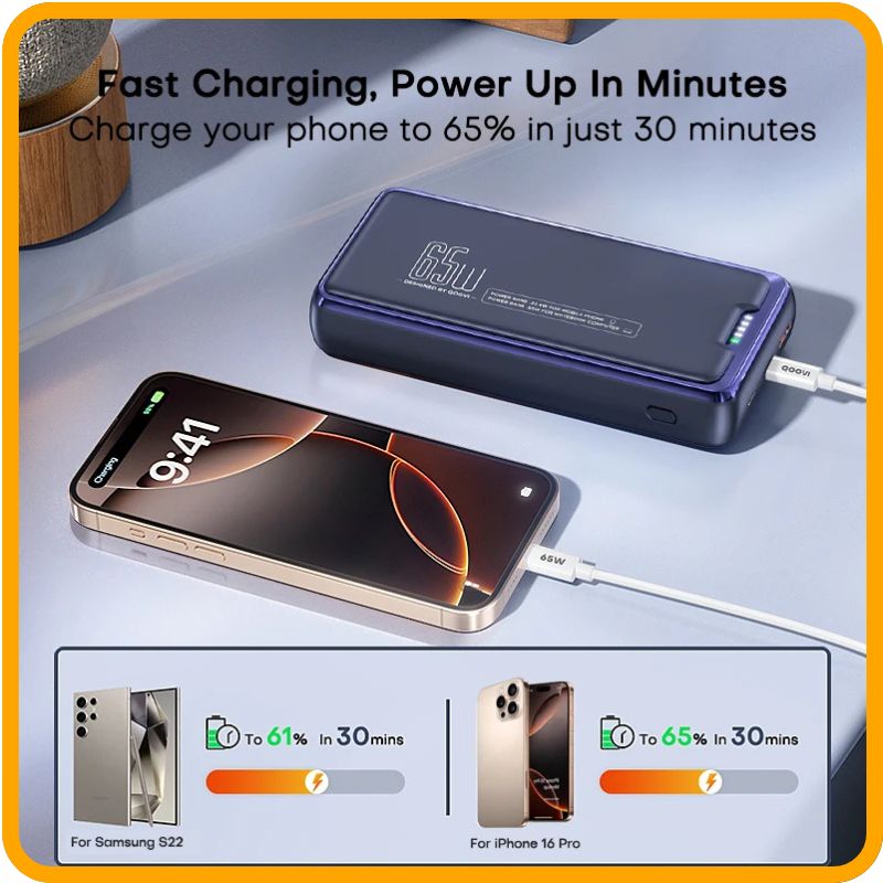 Batterie externe 30 000 mAh – Charge rapide PD 65 W | Chargeur portable pour ordinateur portable et téléphone avec entrée Lightning et indicateur LED