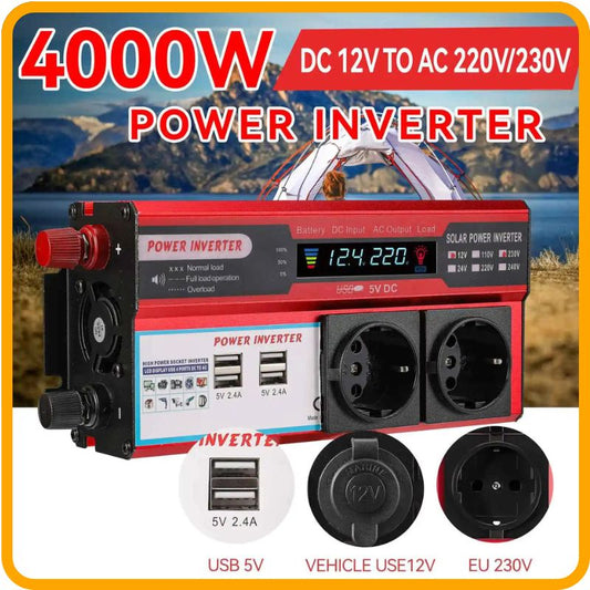 Onduleur 4000 W – Convertisseur 12 V CC vers 220 V–230 V CA | 4 ports USB UE | Pour le camping et les situations d'urgence