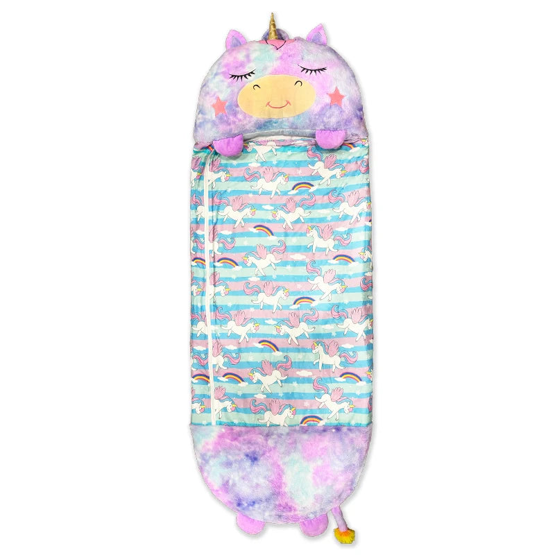Cozy 2-in-1 Convertible Kids Sleeping Bag with plush unicorn design, perfect for sleepovers and playtime comfort.