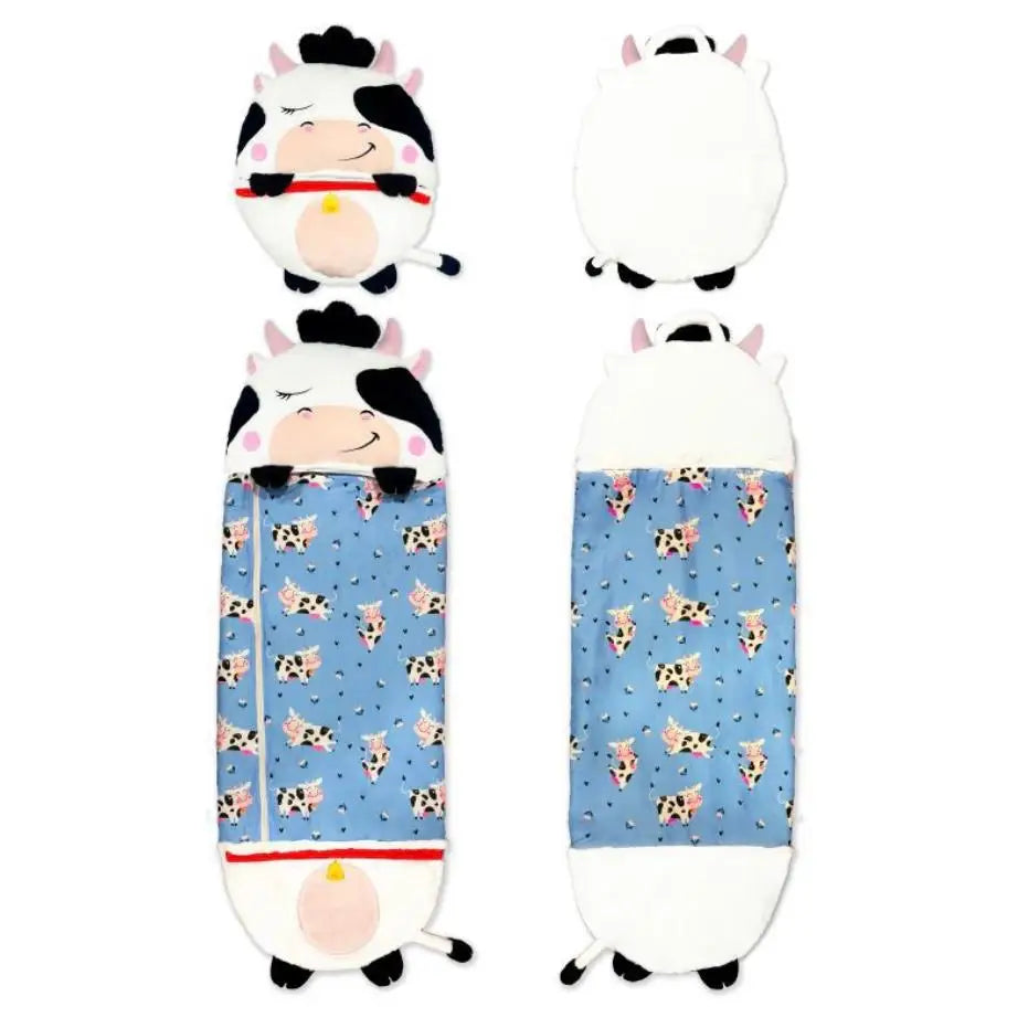 Cozy 2-in-1 Convertible Kids Sleeping Bag with cute cow design, perfect for sleepovers and playtime comfort.
