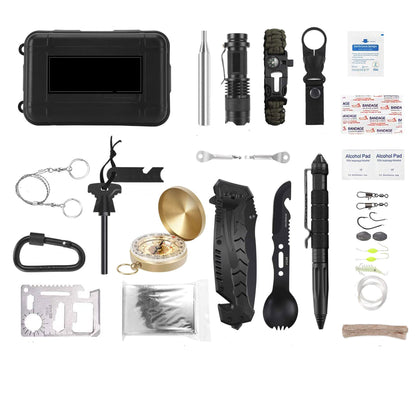 Compact Survival Bundle with 21 essential tools for hiking, camping, or roadside emergencies—lightweight and waterproof.