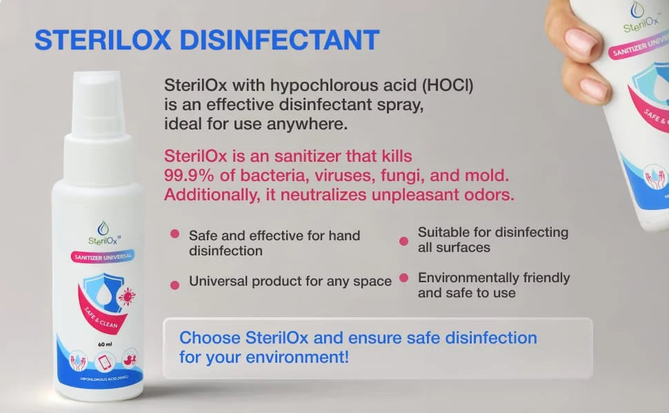 🌿 SterilOx 60ml – Natural, Safe disinfectant kills 99.9% of germs, perfect for family hygiene anywhere.