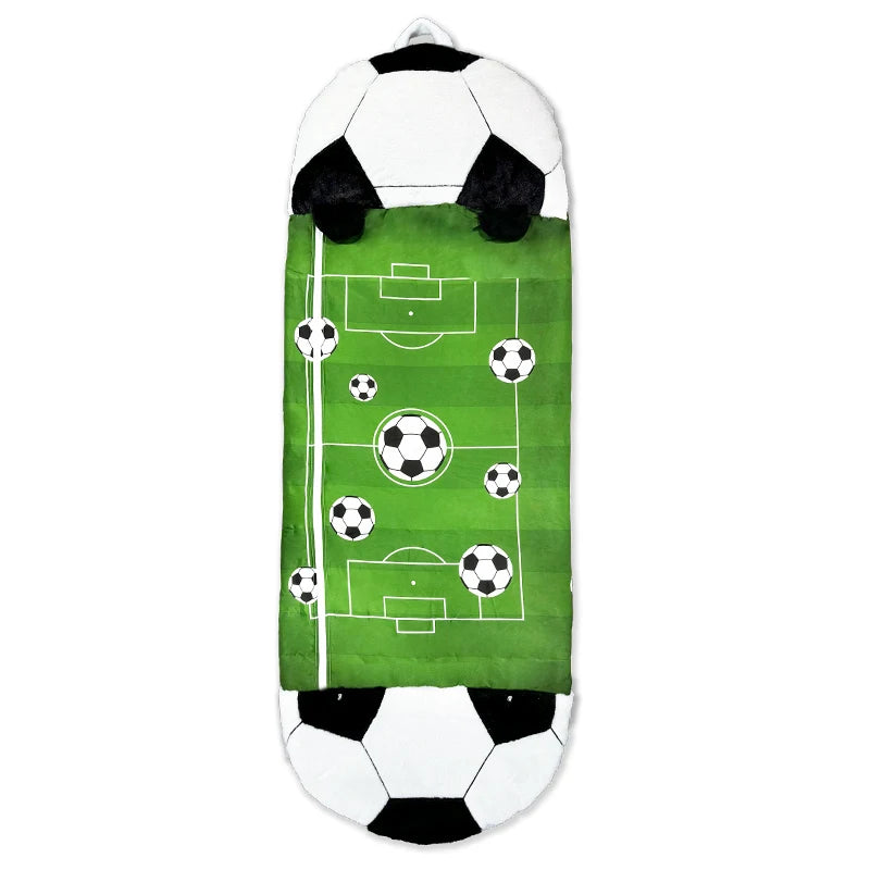 Cozy 2-in-1 Convertible Kids Sleeping Bag features a fun soccer design, perfect for sleepovers and playtime.