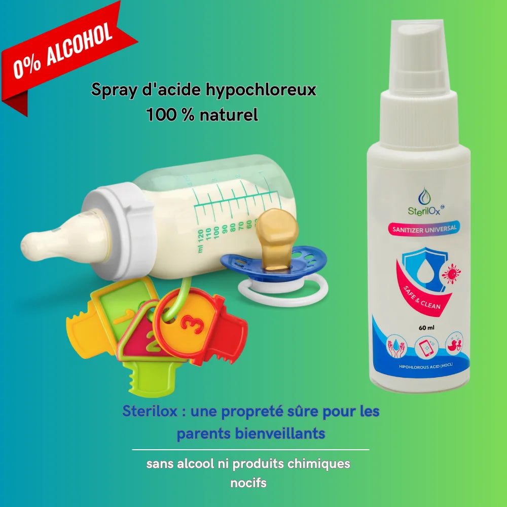🌿 SterilOx 60ml – Natural, Safe spray alongside baby items, ensuring powerful disinfection for family hygiene.