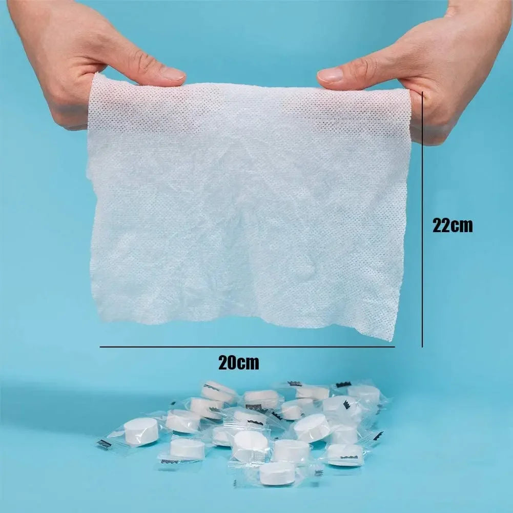 🧻 100pcs Compressed Magic Towels – Portable, Biodegradable expand into soft wipes, perfect for on-the-go sanitation needs.