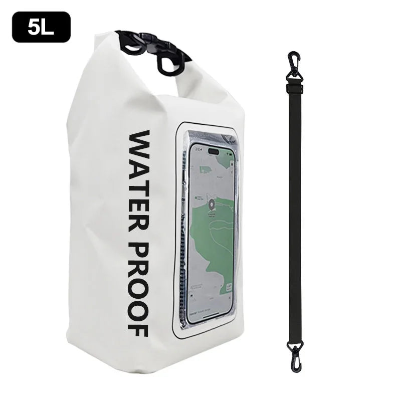 Rugged 2L 5L Dry Bag Swimming Pack with touch screen, perfect for outdoor kayaking, trekking, and boating adventures.