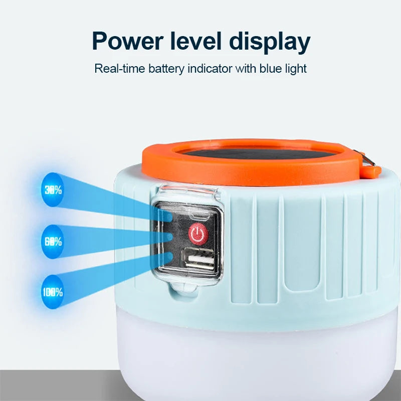 Waterproof Solar LED Camping Lantern – USB Rechargeable Tent Light with Phone Charger showcases a power level display for convenience.