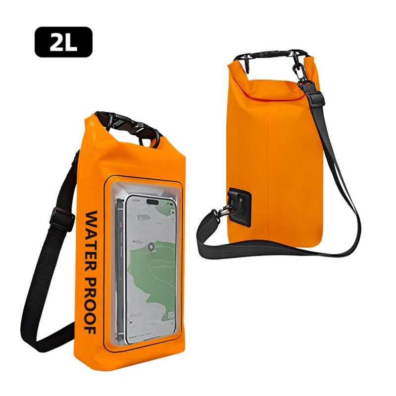 Rugged 2L 5L Dry Bag Swimming Pack with touch screen, perfect for outdoor waterproof kayak storage and adventures.