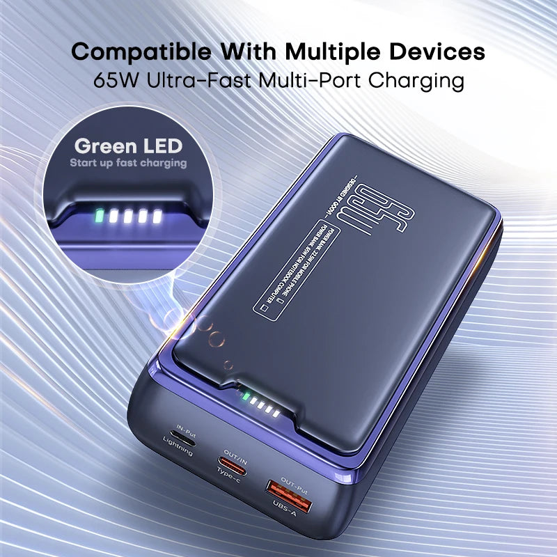 Compact QOOVI 30,000mAh Power Bank – 65W PD Fast Charging | Portable Laptop charger with LED indicator and multi-port.