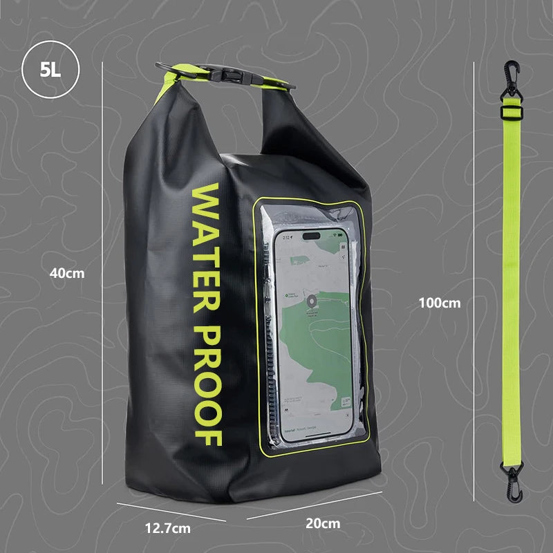 Rugged 2L 5L Dry Bag Swimming Pack with touch screen, ideal for outdoor waterproof kayaking, trekking, and boating adventures.