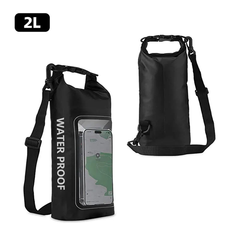 Rugged 2L 5L Dry Bag Swimming Pack with touch screen, perfect for waterproof kayaking, trekking, and outdoor adventures.