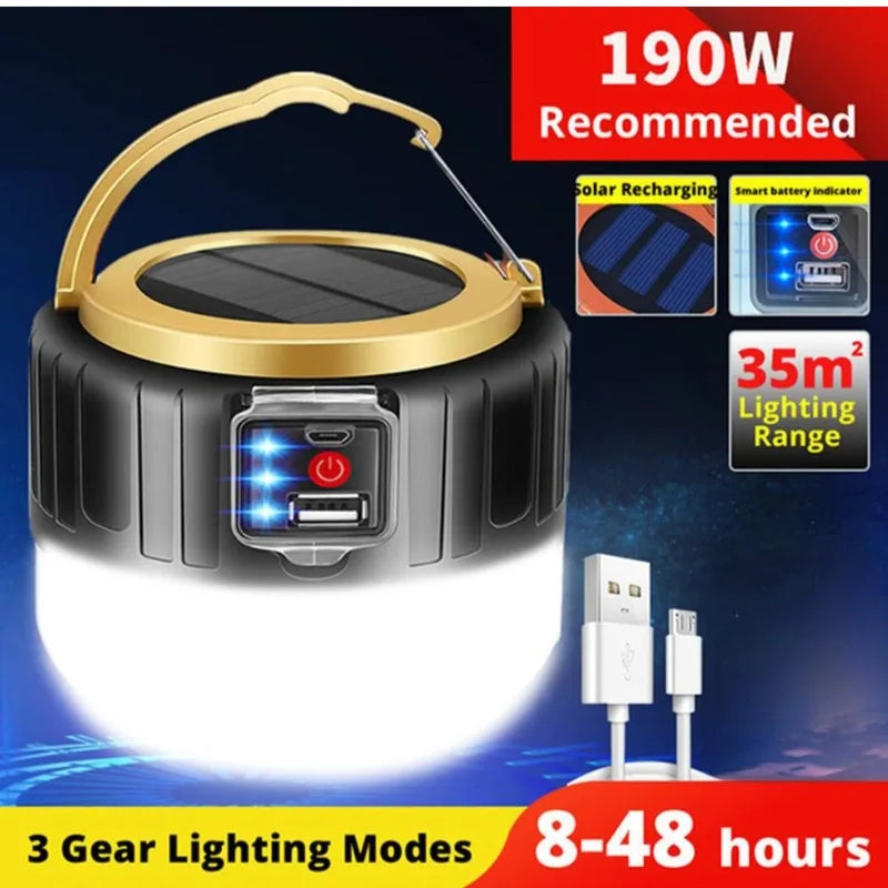 Illuminate your outdoor adventures with the Waterproof Solar LED Camping Lantern – USB Rechargeable Tent Light.